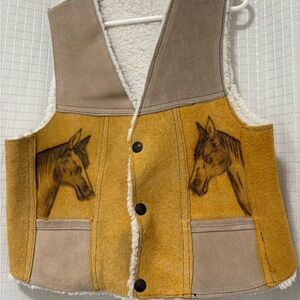 Kids Suede/leather Mustard Shearling Vest with Horse Motif